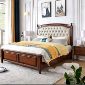 PU Vintage Rubber Wood Upholstery Bed